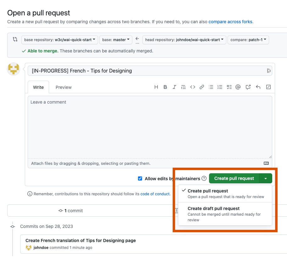 Screenshot of the “Open a pull request” form in GitHub. The pull request title is “[IN-PROGRESS] French - Tips for Designing”. The drop-down arrow in the “Create pull request” button is selected: the second option “Create draft pull request” is visible.